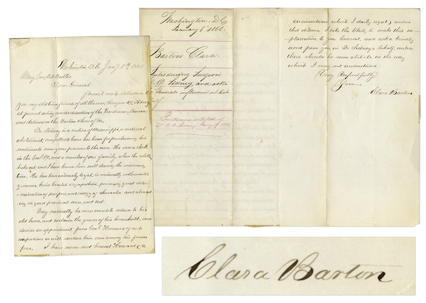 Clara Barton Autograph Letter Signed to General Benjamin Butler, Advocating for Her Friend, the Mississippi Abolitionist & Surgeon R.O. Sidney